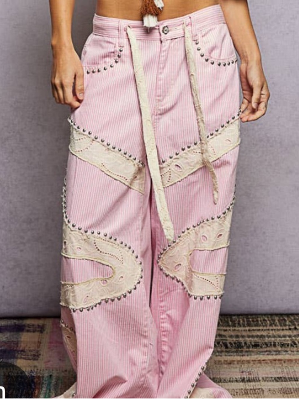 POL womans Pink Wide-Leg embroidered Pants with Lace Trim size L